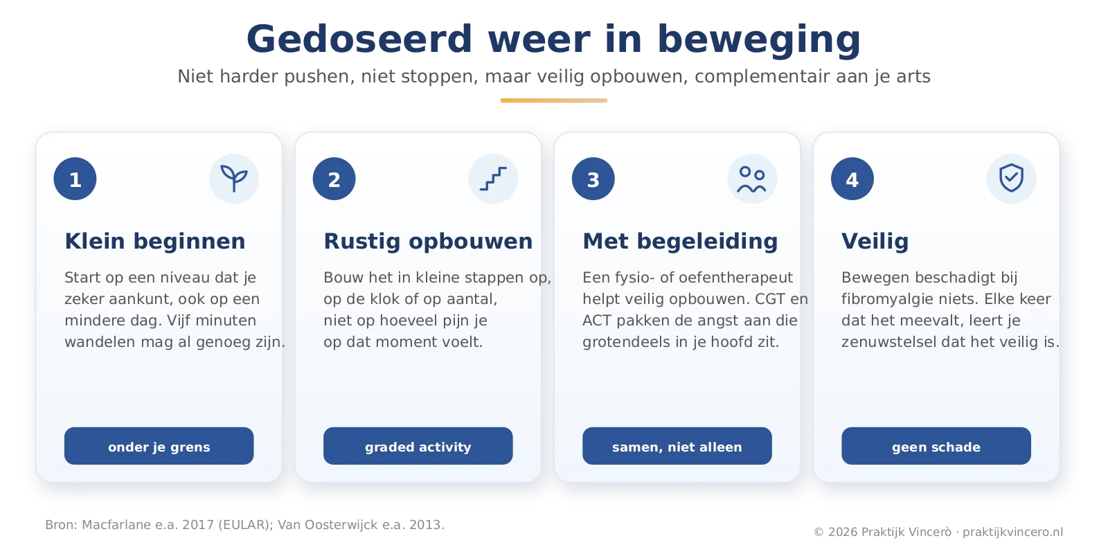 Gedoseerd weer in beweging in vier stappen: klein beginnen onder je grens, rustig opbouwen, doen met begeleiding, en vanuit veiligheid in plaats van vanuit pijn.