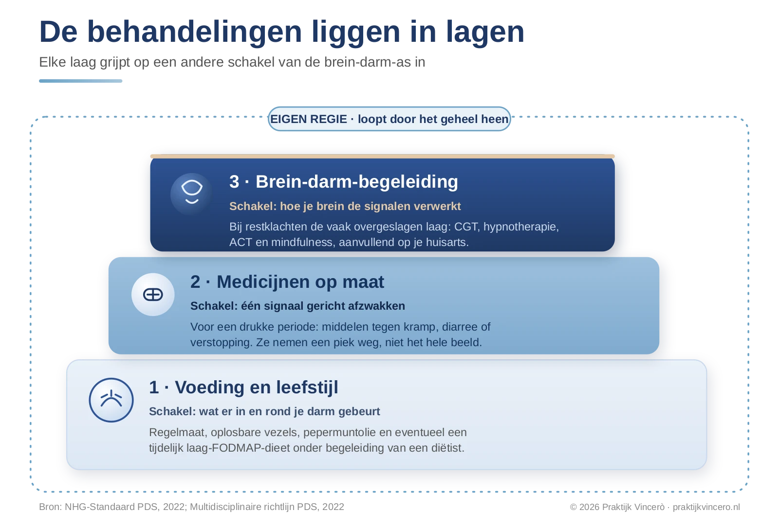 Drie lagen van behandelingen bij PDS, voeding en leefstijl, medicijnen en brein-darm-begeleiding, elk gekoppeld aan een schakel van de brein-darm-as, met eigen regie door het geheel heen