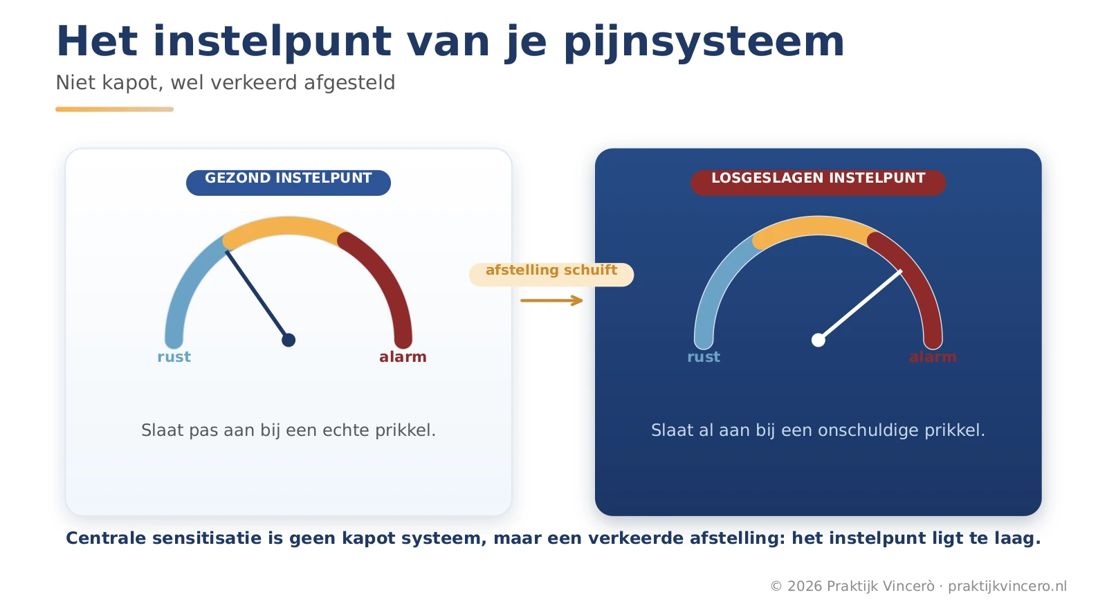 Twee meters naast elkaar: links een gezond instelpunt dat pas aanslaat bij een echte prikkel, rechts een losgeslagen instelpunt dat al aanslaat bij een onschuldige prikkel.