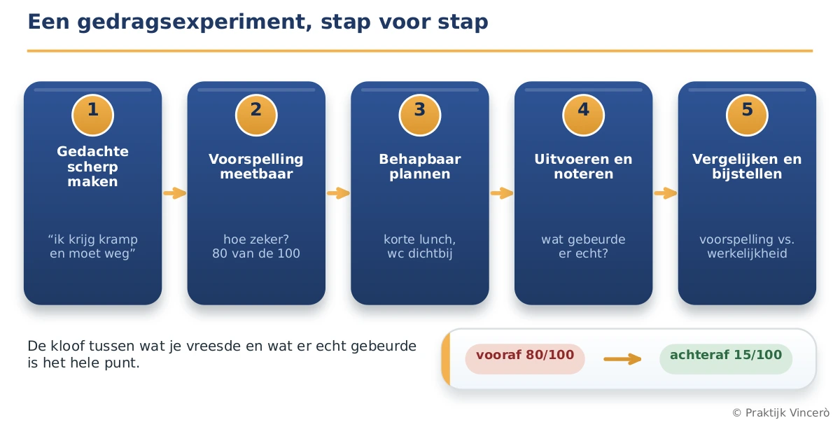 Stappenschema van een gedragsexperiment in vijf blokken - gedachte scherp maken, voorspelling meetbaar maken, behapbaar plannen, uitvoeren en noteren, vergelijken en bijstellen - met een voor-en-na van vooraf 80/100 naar achteraf 15/100.