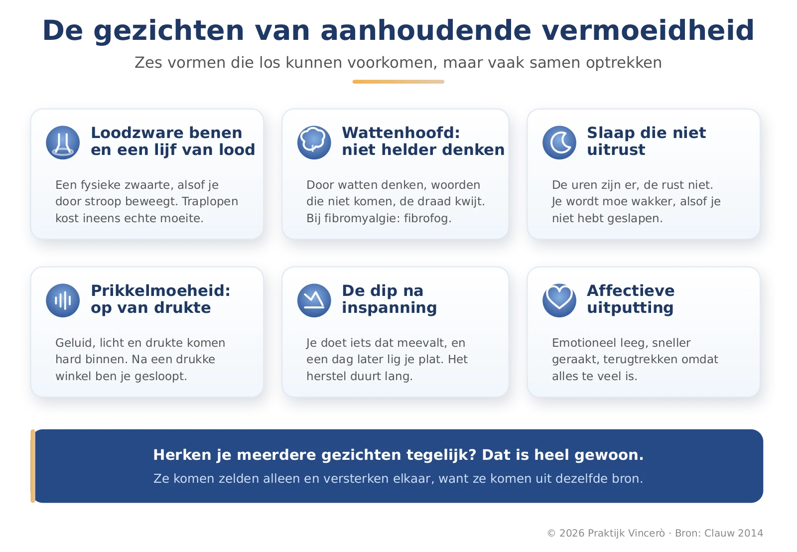 Infographic De gezichten van aanhoudende vermoeidheid, met zes vormen: loodzware benen en een lijf van lood, het wattenhoofd (niet helder denken), slaap die niet uitrust, prikkelmoeheid van drukte, de dip na inspanning en affectieve uitputting.