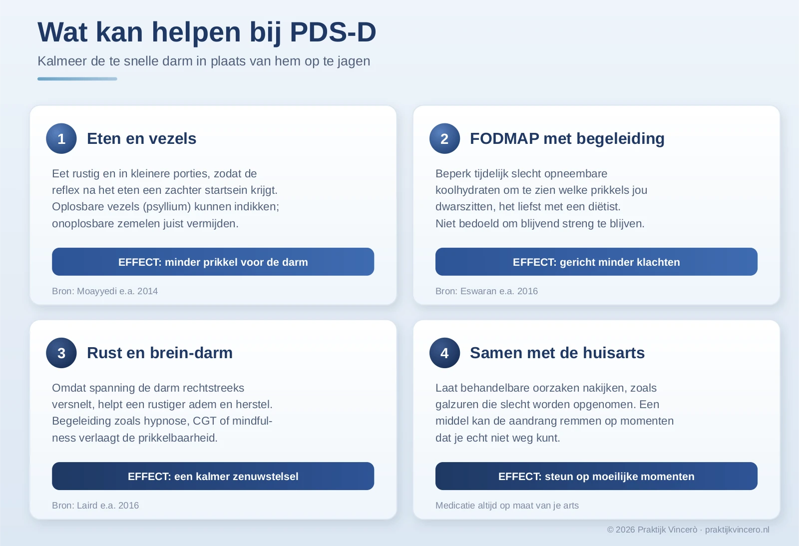 Schema met vier richtingen die kunnen helpen bij PDS-D: rustig eten met oplosbare vezels, het laag-FODMAP-dieet onder begeleiding, rust en brein-darm-behandeling voor een kalmer zenuwstelsel, en samen met de huisarts kijken naar behandelbare oorzaken en medicatie