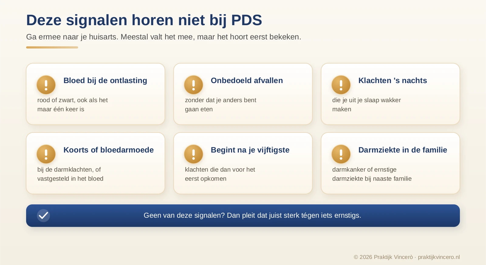Overzicht van alarmsignalen bij darmklachten die om beoordeling door de huisarts vragen, zoals bloed bij de ontlasting, onbedoeld gewichtsverlies, nachtelijke klachten, koorts, bloedarmoede en klachten die na je vijftigste beginnen.