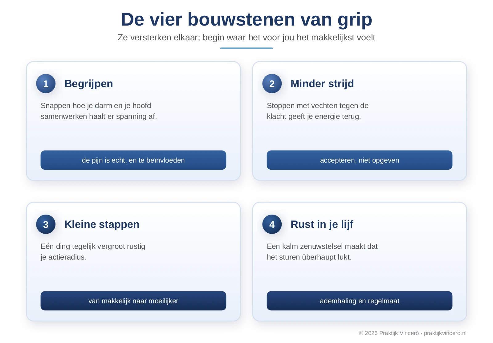 De vier bouwstenen van grip bij PDS: begrijpen, minder strijd, kleine stappen en rust in je lijf