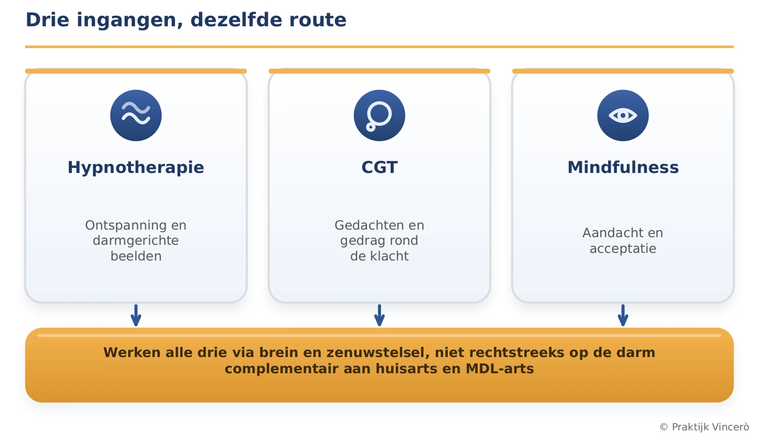 Hypnotherapie, CGT en mindfulness als drie ingangen die alle drie via brein en zenuwstelsel werken, complementair aan huisarts en MDL-arts
