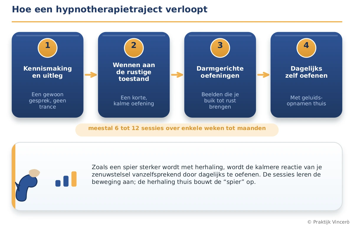Een darmgericht hypnotherapietraject in vier stappen, met de nadruk op dagelijks oefenen dat de kalmere reactie opbouwt zoals training een spier