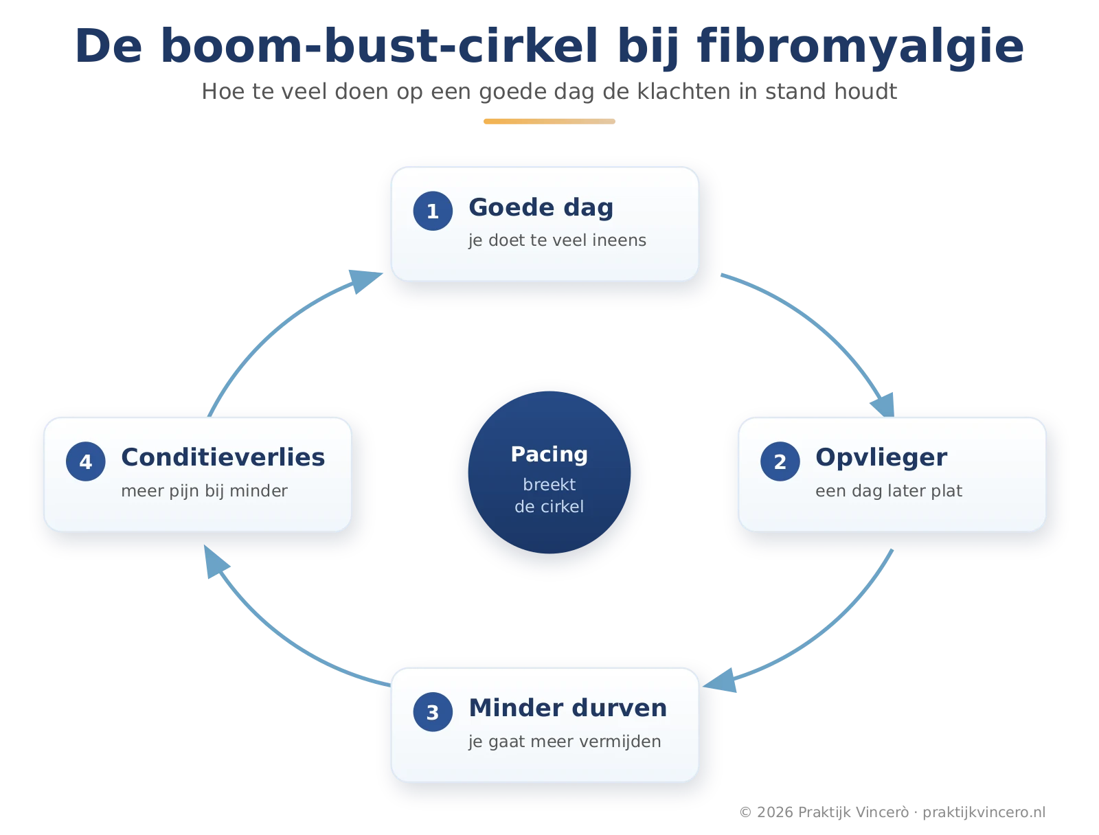 Cirkelschema dat laat zien hoe te veel doen op een goede dag bij fibromyalgie leidt tot een opvlieger, minder durven en conditieverlies en hoe je energie verdelen die cirkel doorbreekt.