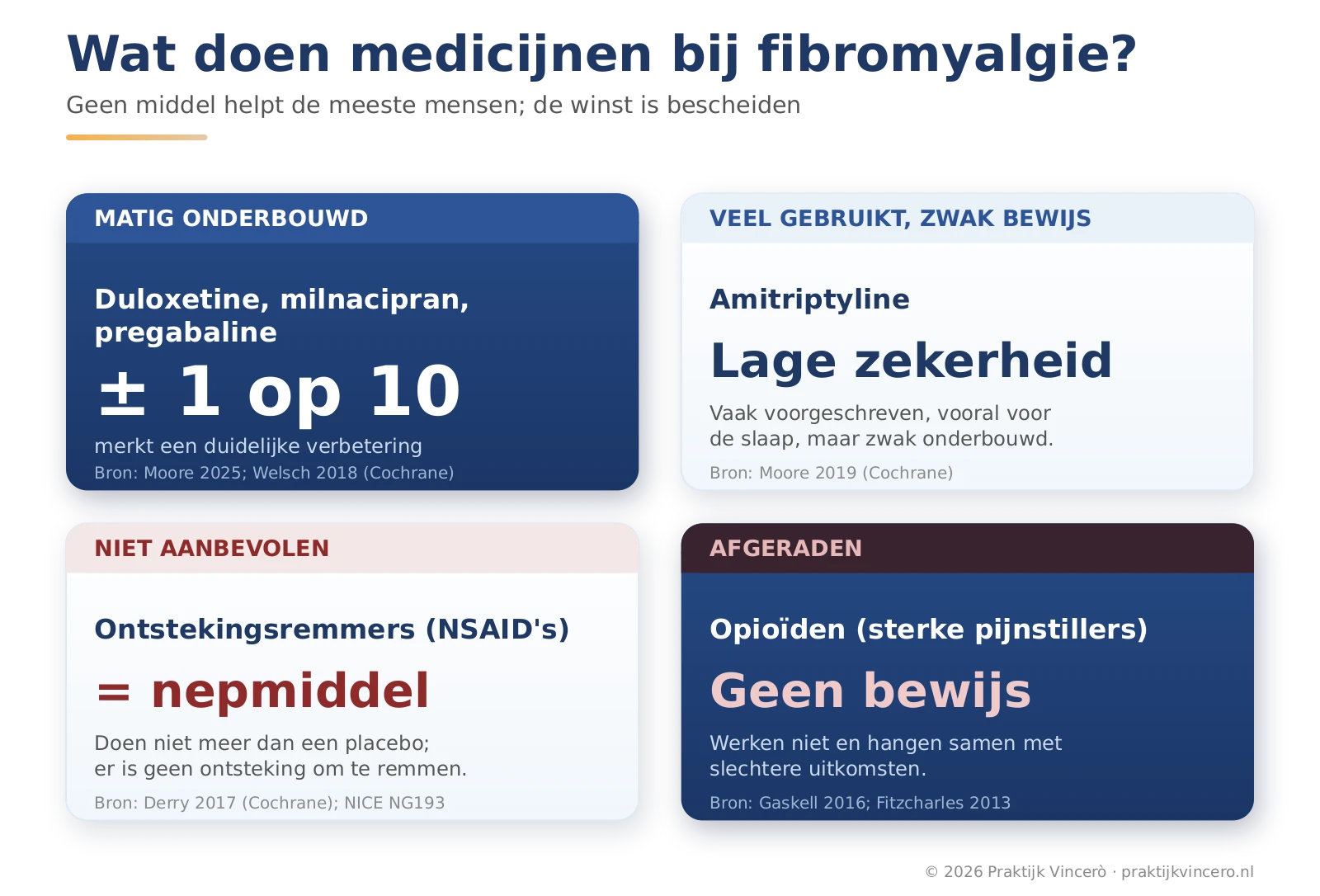 Overzicht van medicijnen bij fibromyalgie met per groep hoe sterk het bewijs is: duloxetine, milnacipran en pregabaline matig onderbouwd met ongeveer 1 op de 10 mensen die duidelijk verbeteren, amitriptyline veel gebruikt maar zwak bewijs en ontstekingsremmers en opioïden niet aanbevolen.