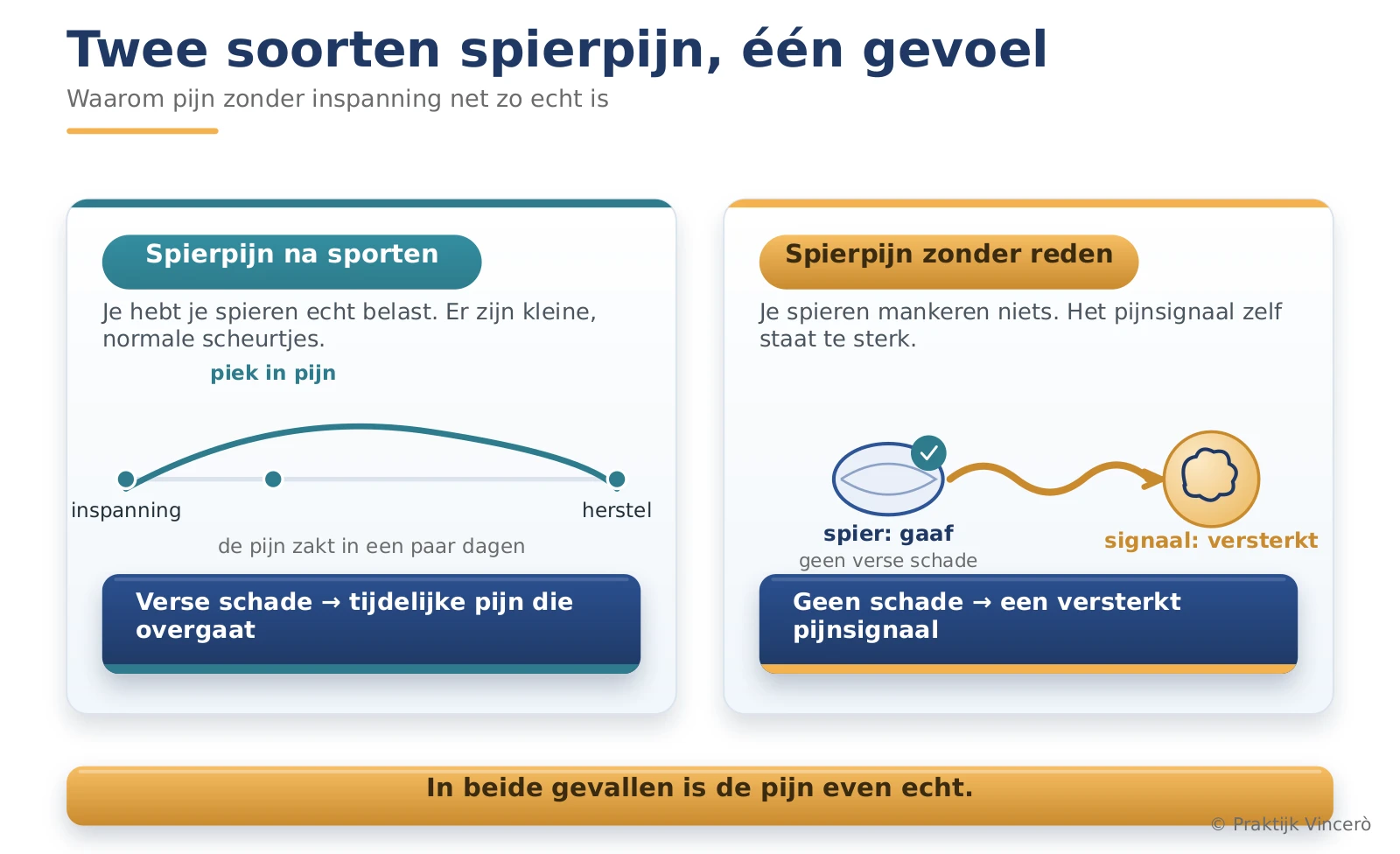 Vergelijkingskaart. Links spierpijn na sporten met een tijdlijn van inspanning naar herstel; rechts spierpijn zonder reden, geen verse schade maar een versterkt pijnsignaal. Onder beide de regel dat de pijn even echt is.
