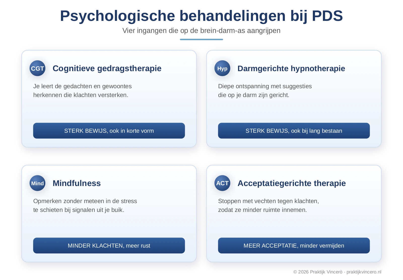 De best onderbouwde psychologische behandelingen bij PDS op een rij: cognitieve gedragstherapie, darmgerichte hypnotherapie, mindfulness en acceptatiegerichte behandeling