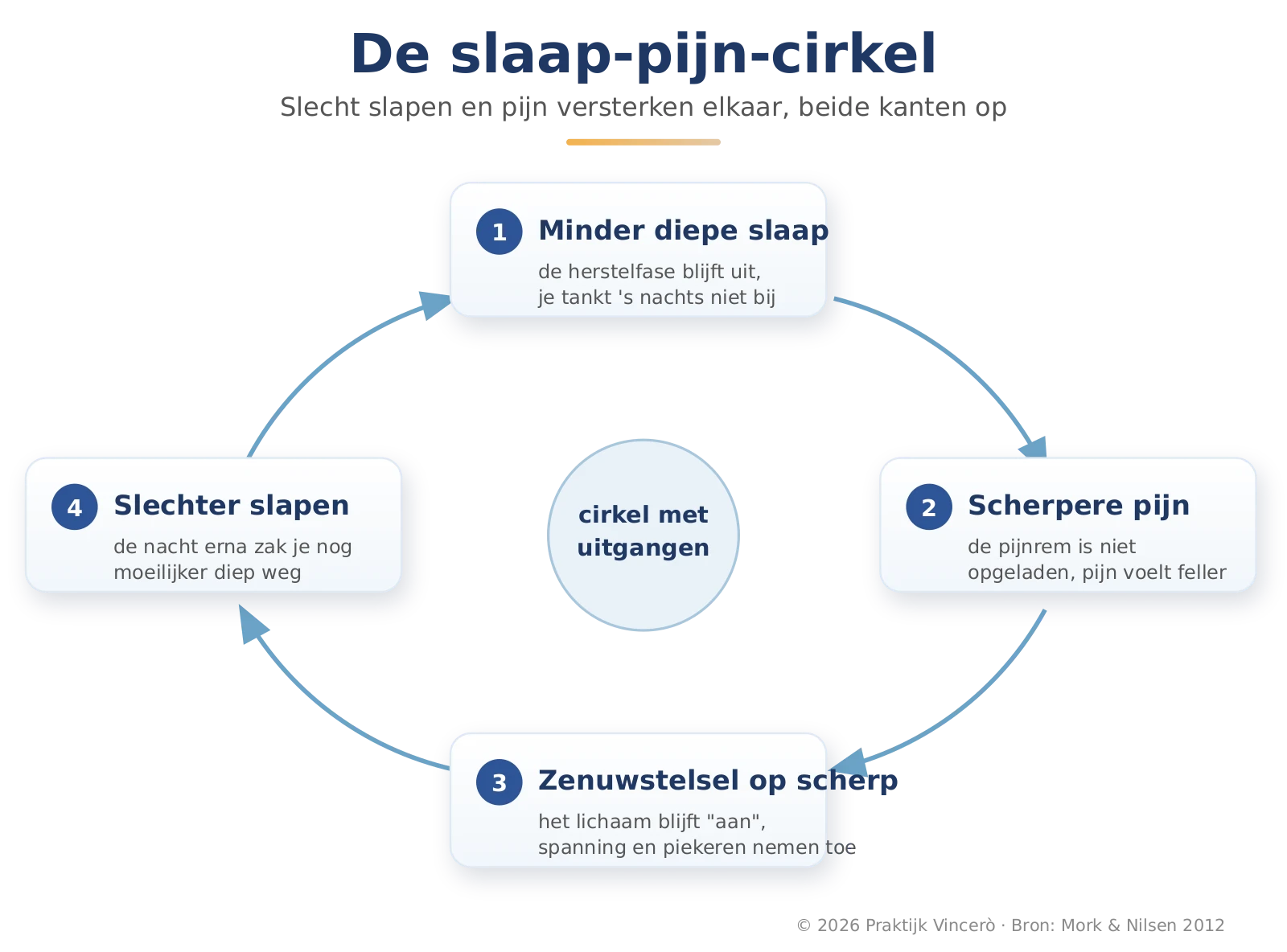 Kringloopschema dat laat zien hoe slecht slapen en pijn elkaar bij fibromyalgie versterken: minder diepe slaap, scherpere pijn, een opgejaagd zenuwstelsel en opnieuw slecht slapen.