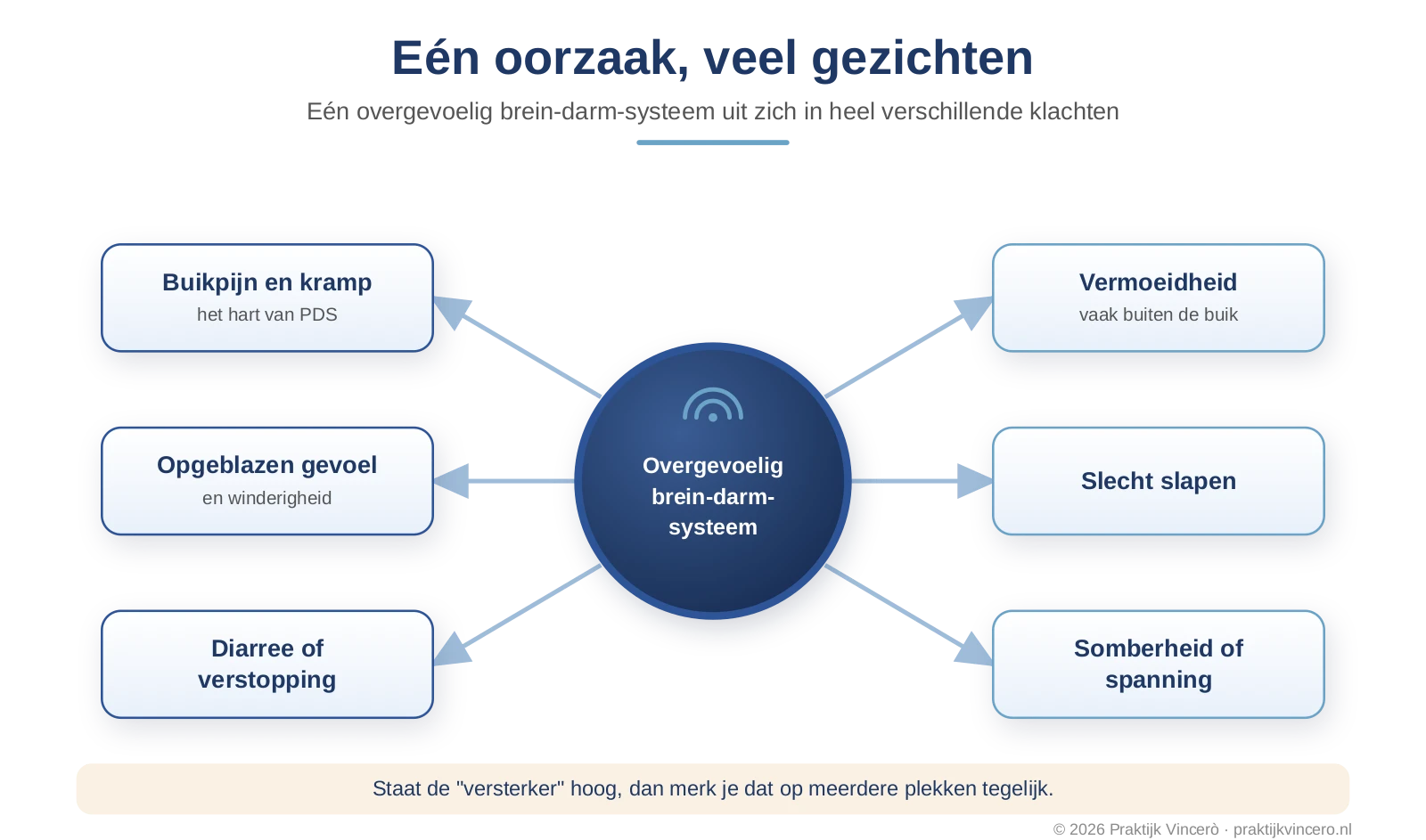 Schema dat laat zien hoe een overgevoelig brein-darm-systeem leidt tot uiteenlopende klachten, zoals buikpijn, een opgeblazen gevoel, diarree of verstopping, vermoeidheid en stemmingsklachten.