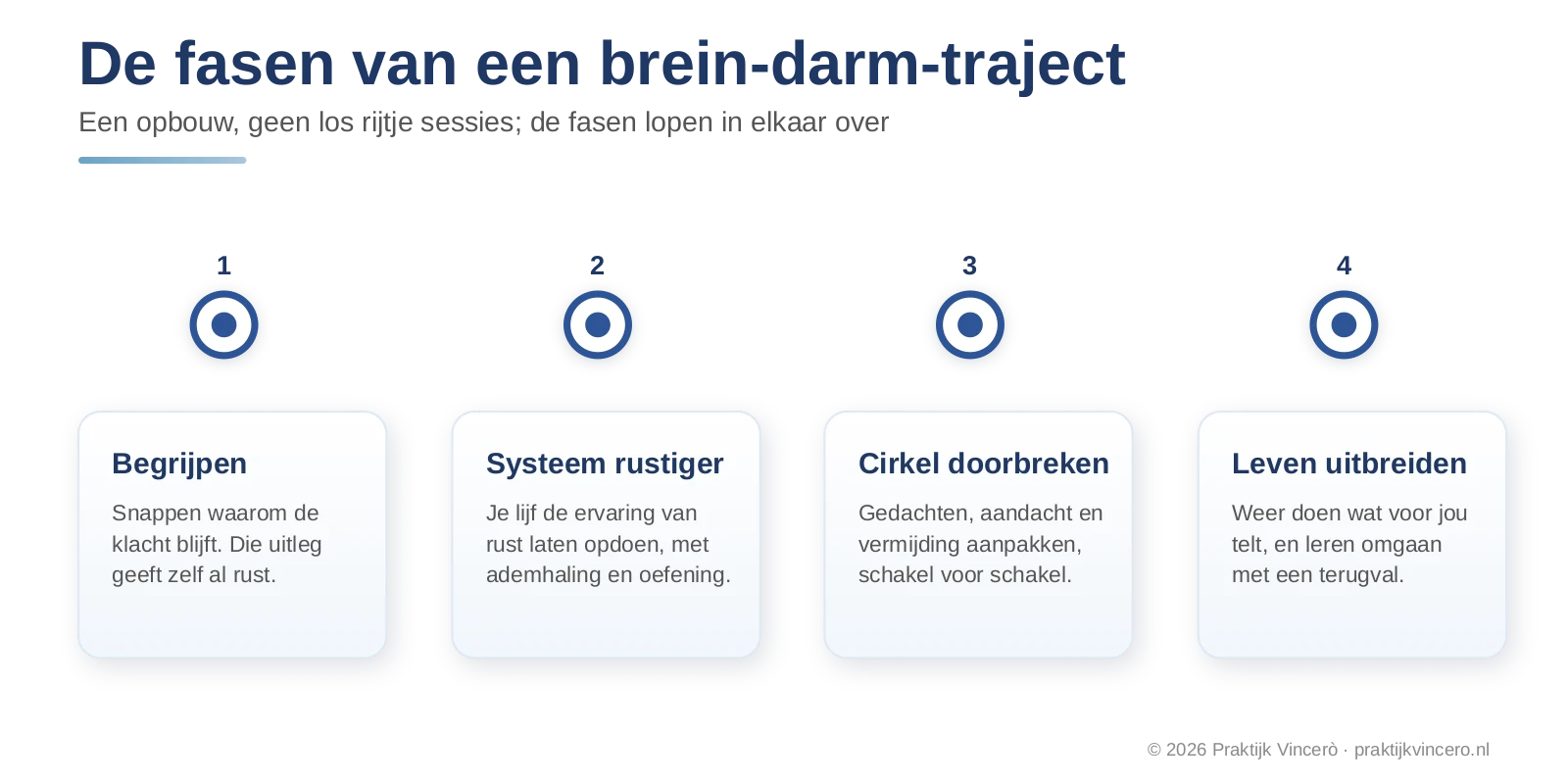 Tijdlijn met vier fasen van een brein-darm-traject bij PDS, begrijpen, je systeem rustiger maken, de cirkel doorbreken en je leven weer uitbreiden, met een korte omschrijving per fase.
