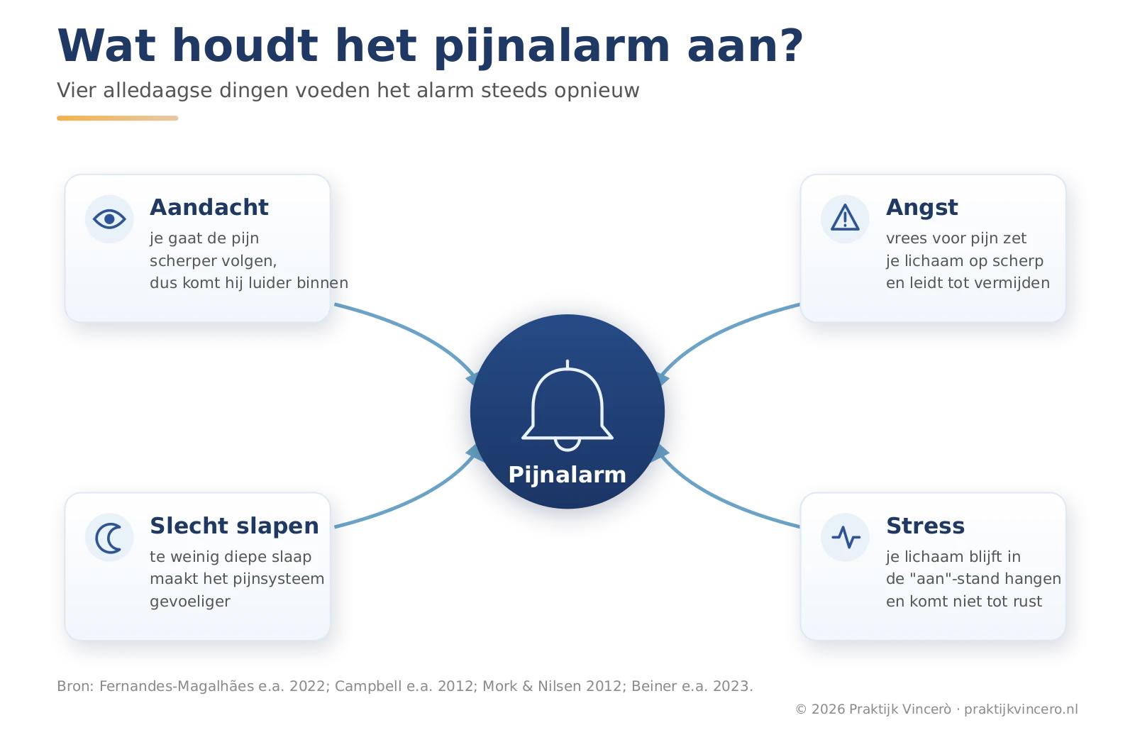 Vier instandhoudende factoren rond een pijnalarm: aandacht voor de pijn, angst en vermijden, slecht slapen en stress; elk houdt het alarm mee aan de gang.