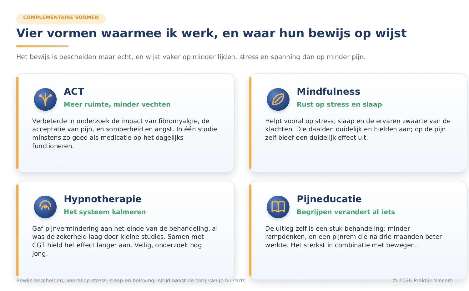 De vier complementaire vormen (ACT, mindfulness, hypnotherapie, pijneducatie) met per vorm waar het bewijs op wijst; steeds meer op stress, slaap en beleving dan op de pijn zelf