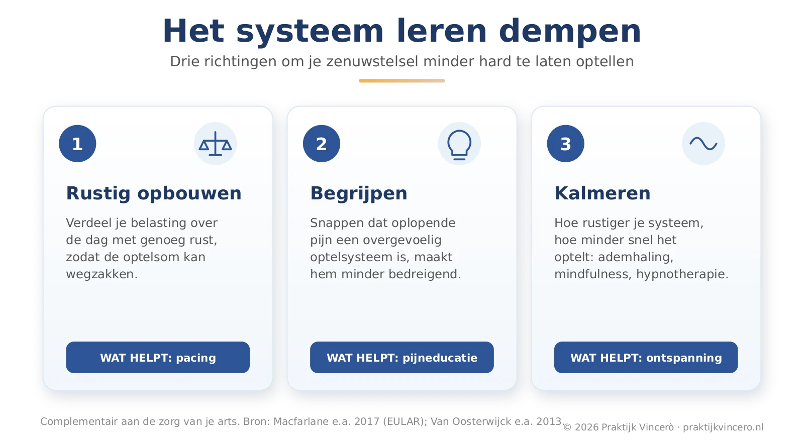Drie richtingen om het optellen te dempen: rustig opbouwen en pacing, pijneducatie en het zenuwstelsel kalmeren, complementair aan de zorg van je arts.