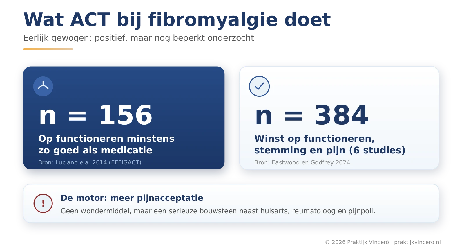 Cijfer-infographic over wat acceptance and commitment therapy bij fibromyalgie doet volgens onderzoek: groeps-ACT was op het dagelijks functioneren minstens zo goed als de aanbevolen medicatie in een studie onder 156 mensen, een meta-analyse van zes studies onder 384 mensen vond verbetering van functioneren, pijnacceptatie, stemming en pijn, en meer pijnacceptatie was de motor achter de winst.