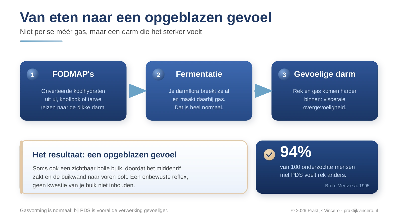 Schema van eten naar een opgeblazen gevoel bij PDS: onverteerde koolhydraten (FODMAP's) worden door darmbacteriën gefermenteerd, daarbij komt gas vrij, en een gevoelige darm geeft dat sterker door als een opgeblazen gevoel; bij bijna iedereen is de waarneming van rek in de darm veranderd (Mertz 1995).