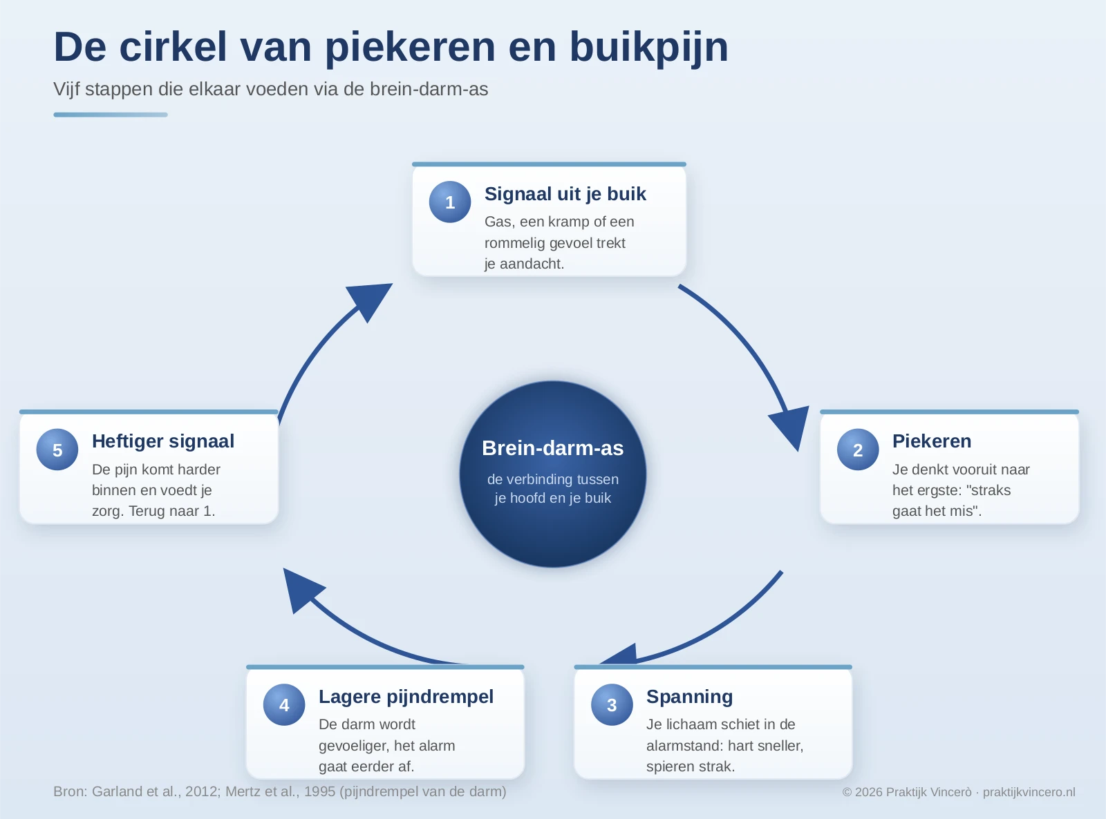 Schema van de vicieuze cirkel bij PDS: een buiksignaal leidt tot piekeren en rampdenken, dat geeft spanning, waardoor de darm gevoeliger wordt en het volgende signaal harder binnenkomt