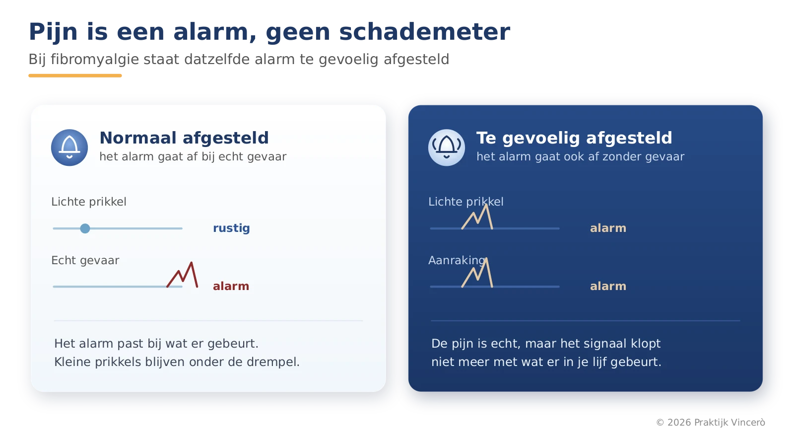 Twee tekeningen van een alarmsysteem naast elkaar. Links een normaal afgesteld alarm dat pas bij echt gevaar afgaat. Rechts een te gevoelig alarm dat al afgaat bij kleine, ongevaarlijke prikkels.