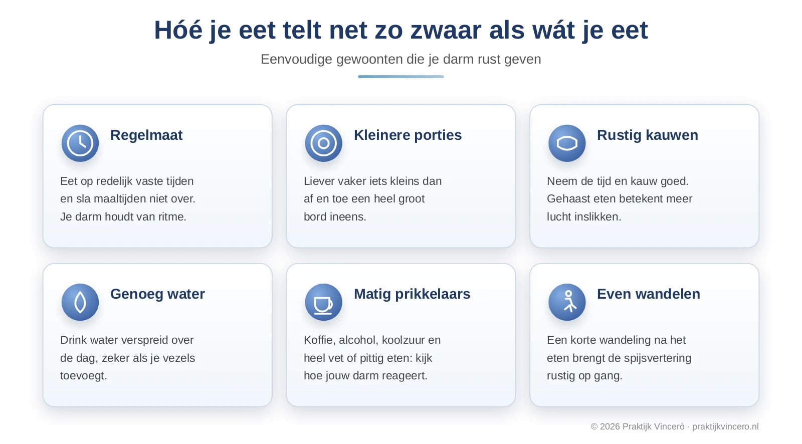 Overzicht van eetgewoonten die bij PDS rust geven: regelmatig eten op vaste tijden, kleinere porties, rustig en goed kauwen, genoeg water drinken, en matigen met koffie, alcohol en koolzuur